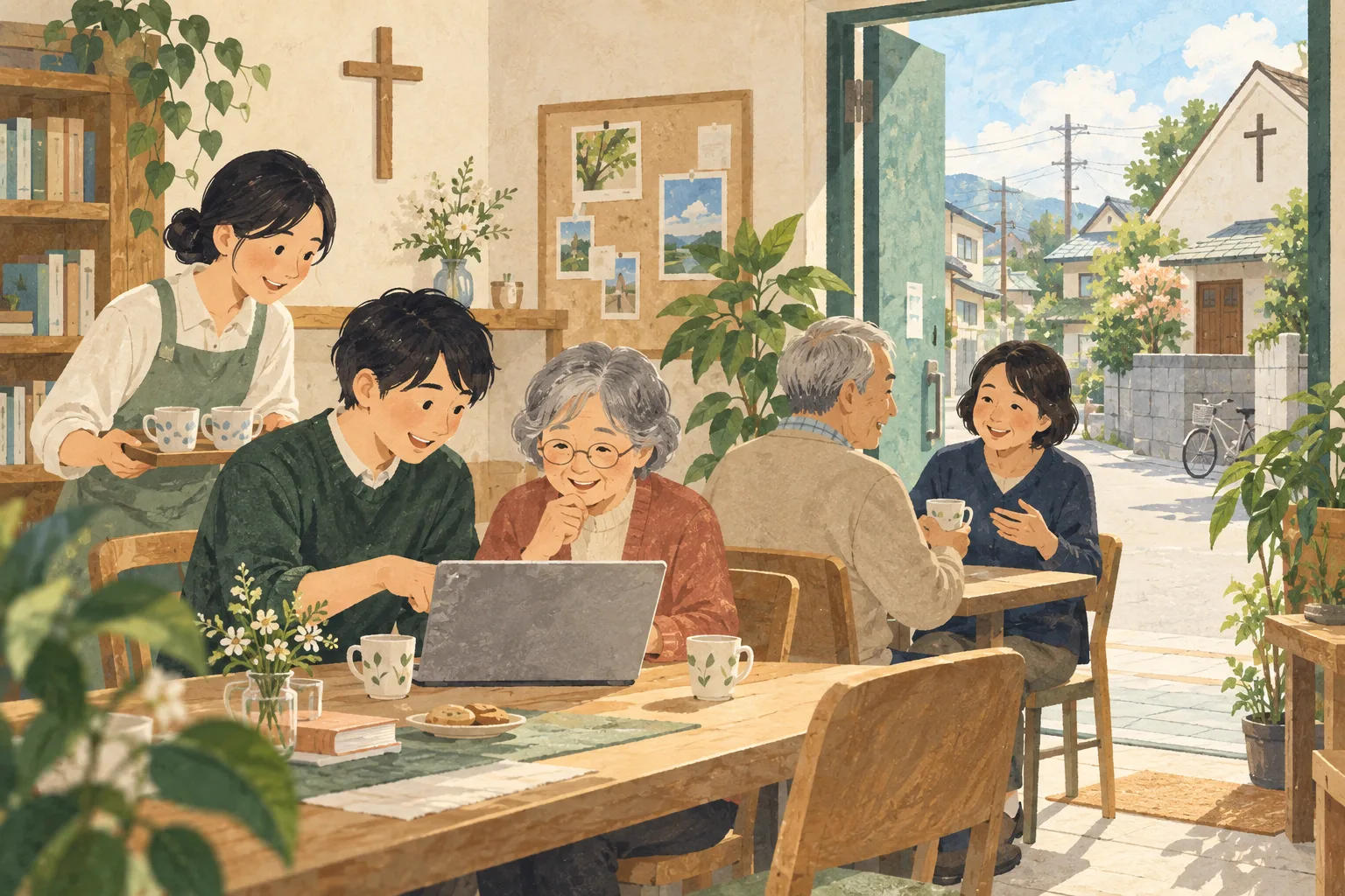 Illustration of church community members sharing tea and helping one another with a laptop.