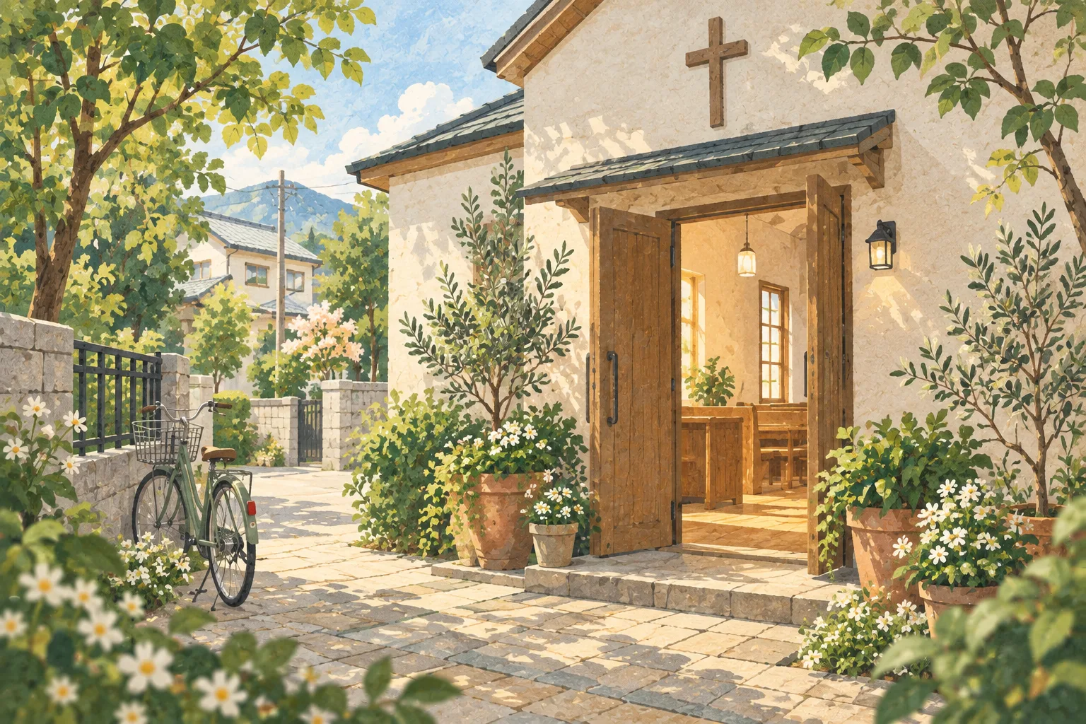 Illustration of an open neighborhood church doorway, with flowers and a bicycle outside.